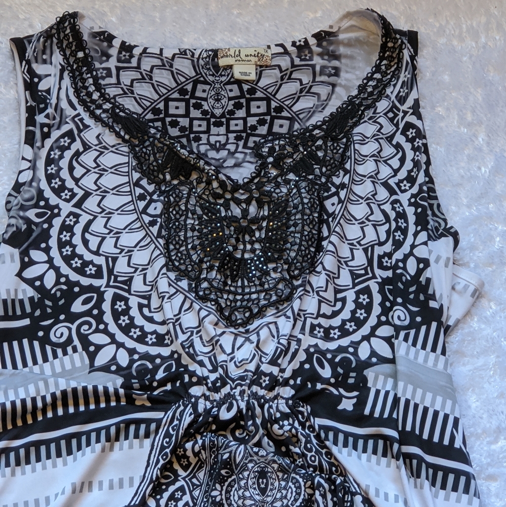 World unity woman white black silky feel dress